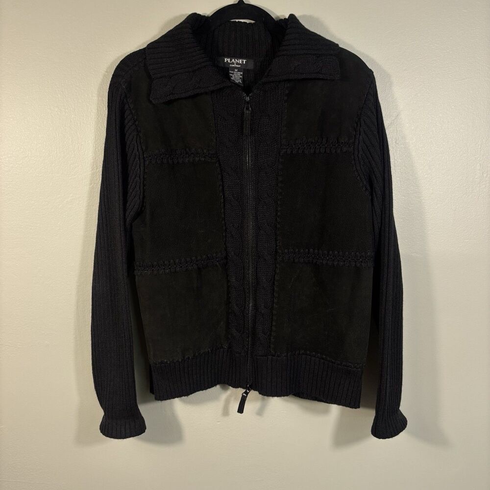 Planet & Company Black Genuine Leather Size M Womens Sweater Jacket